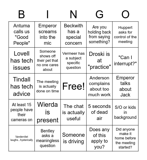 Staff Meeting Bingo Card