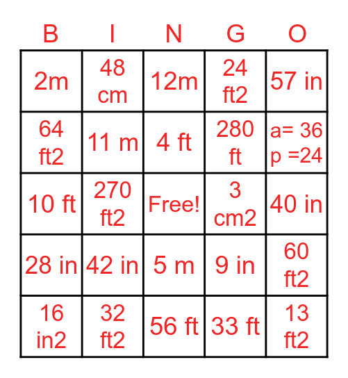 Area and Perimeter Mrs Matos Bingo Card