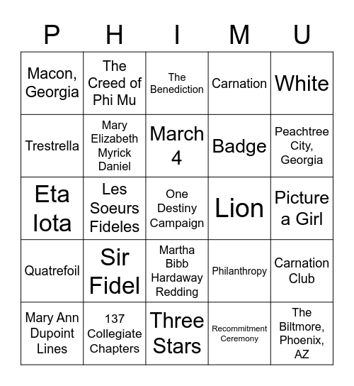 Phoenix Phi Mu Alumnae Bingo! Bingo Card