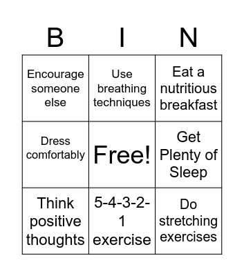 Reduce Test Anxiety Bingo Card