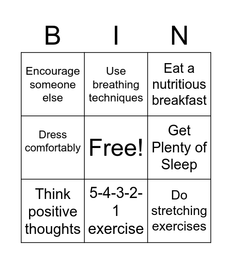 Reduce Test Anxiety Bingo Card