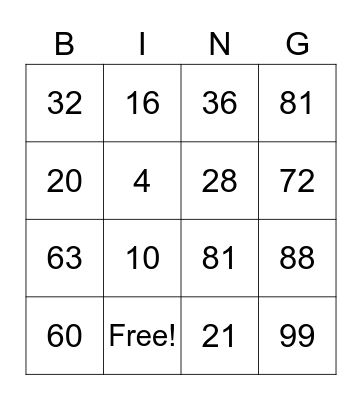 Multiplication Bingo Card