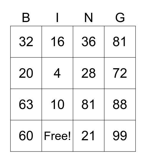 Multiplication Bingo Card