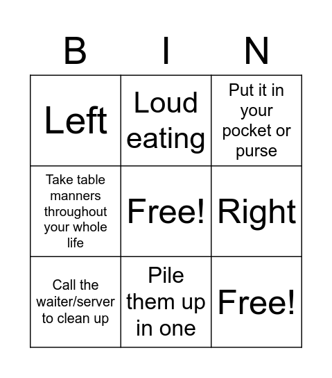 Table Manners Bingo Card
