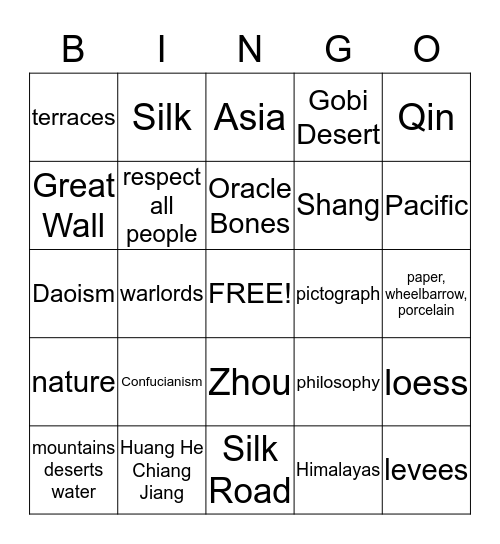 Ancient China Bingo Card