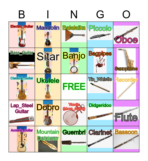 Guitars, Fretted Instruments, and Woodwinds Bingo Card