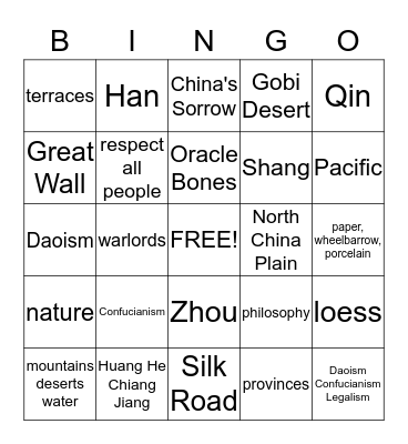 Ancient China Bingo Card