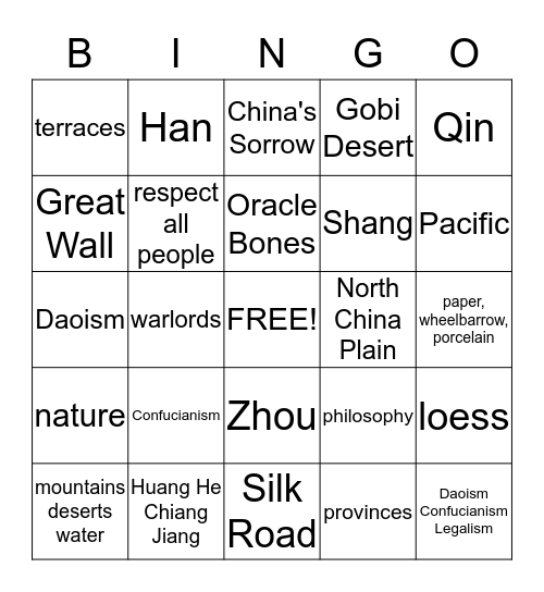 Ancient China Bingo Card