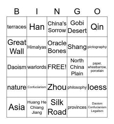 Ancient China Bingo Card