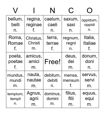 Nouns I & II D, First Form Latin Bingo Card