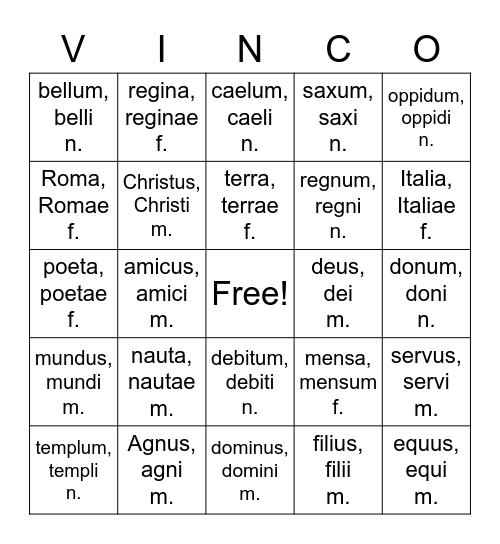 Nouns I & II D, First Form Latin Bingo Card