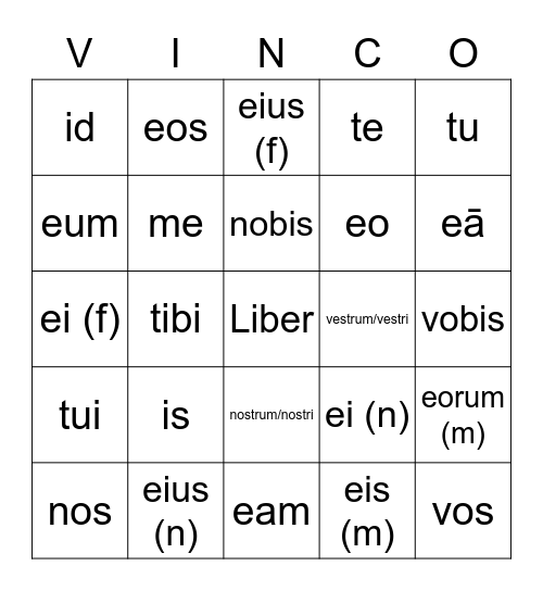 Personal Pronouns Vinco Bingo Card