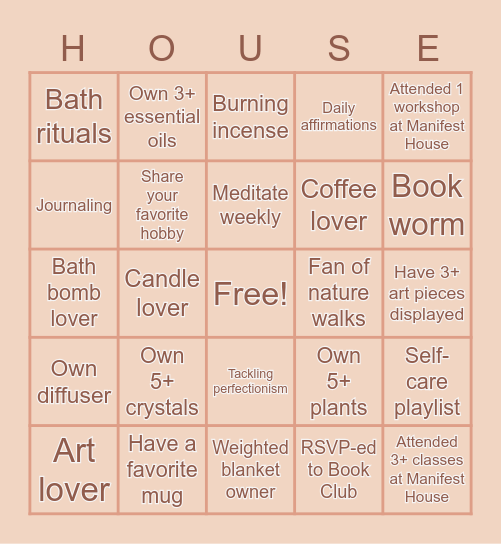 Manifest House Bingo Card