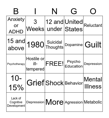 Childhood Depression Bingo Card