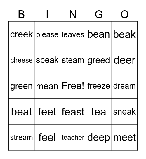 Bingo with ee and ea words Bingo Card