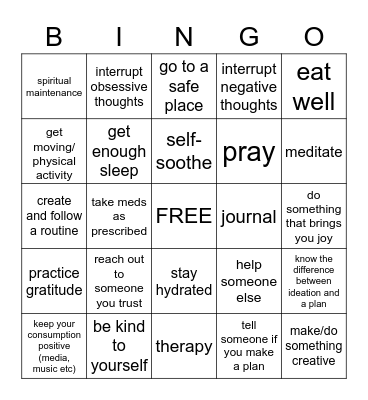 Suicide Prevention Bingo Card