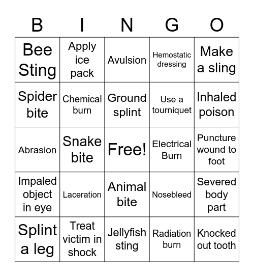 First Aid Bingo Card