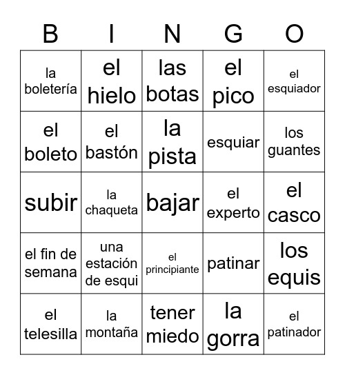 El vocabulario del Invierno Bingo Card