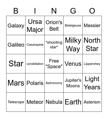 Astronomy Bingo Card