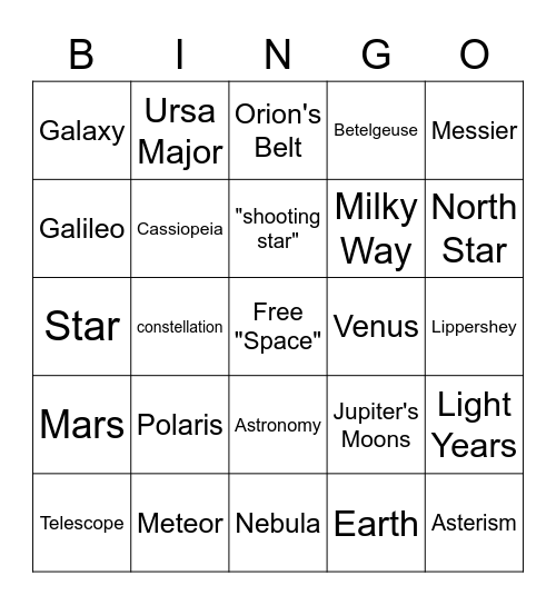 Astronomy Bingo Card