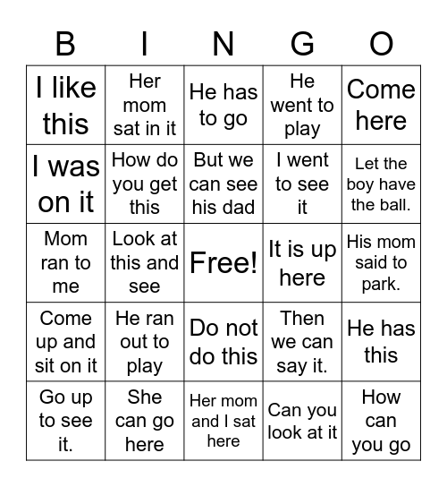 Simple Sentence Bingo III Bingo Card