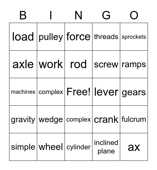 Simple Machines Bingo Card
