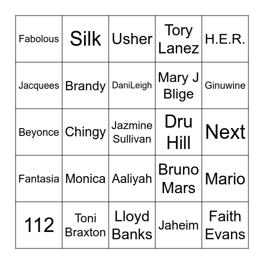 Round 3- 90's-2000's R&B Bingo Card