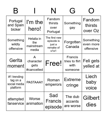 Hetalia Season 7 Bingo Card
