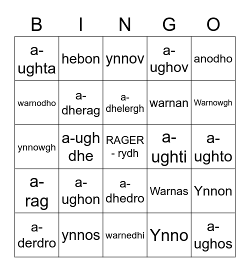 Cornish Prepositions - 2 Bingo Card