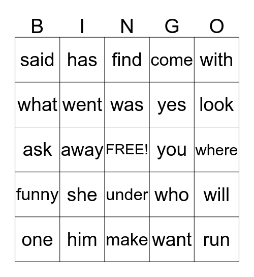 Sight Word Bingo Card