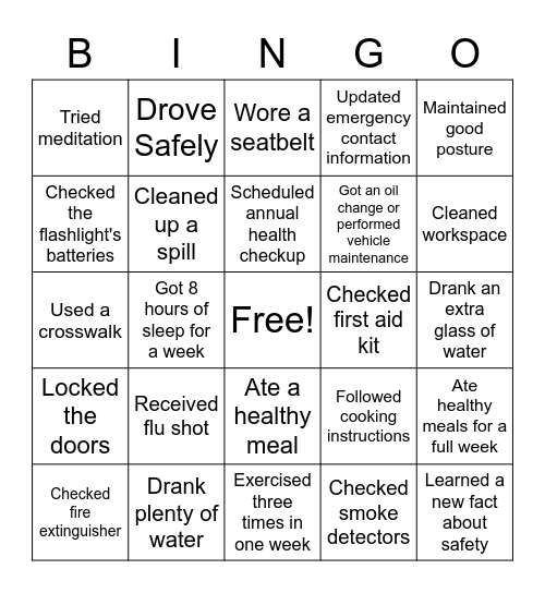 Safety Week 2021 Bingo Card