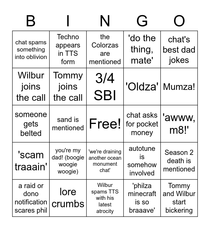 QSMP PHILZA STREAM Bingo Card