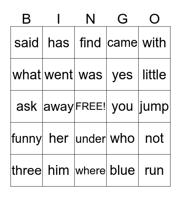 Sight Word Bingo Card