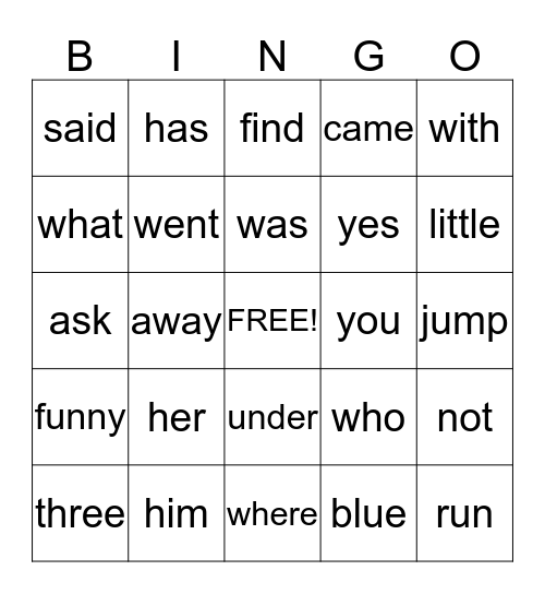 Sight Word Bingo Card