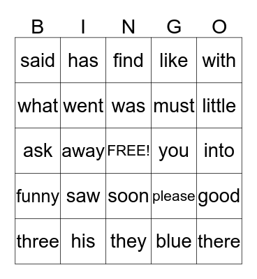 Sight Word Bingo Card
