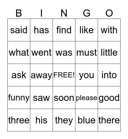 Sight Word Bingo Card