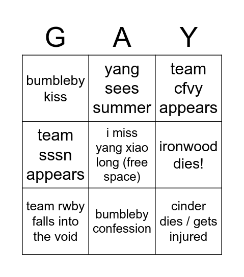 rwby v8 finale Bingo Card