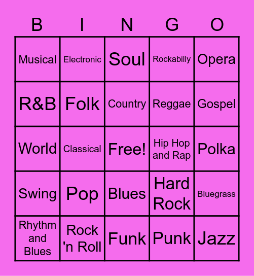 Music Genre Bingo Card