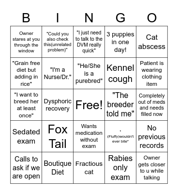Covid-19 Veterinary Curbside Bingo Card