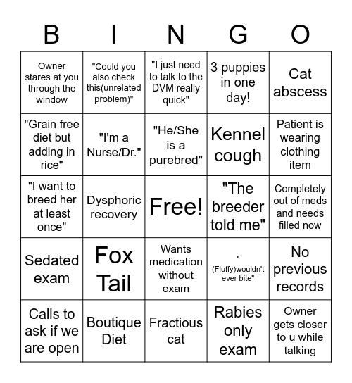Covid-19 Veterinary Curbside Bingo Card