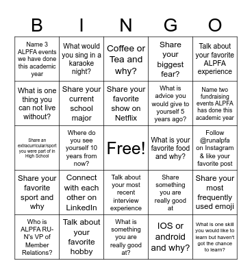 ALPFA RU-N Consulting Bingo Board Bingo Card