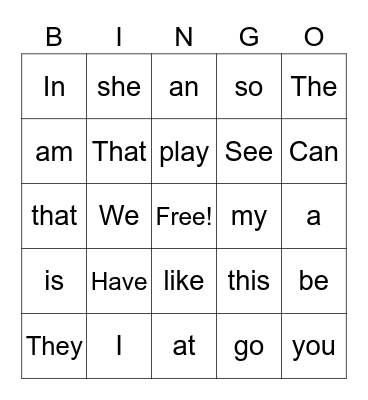 Lily sight words Bingo Card