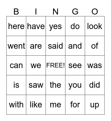 Kinder Sight Words Bingo Card