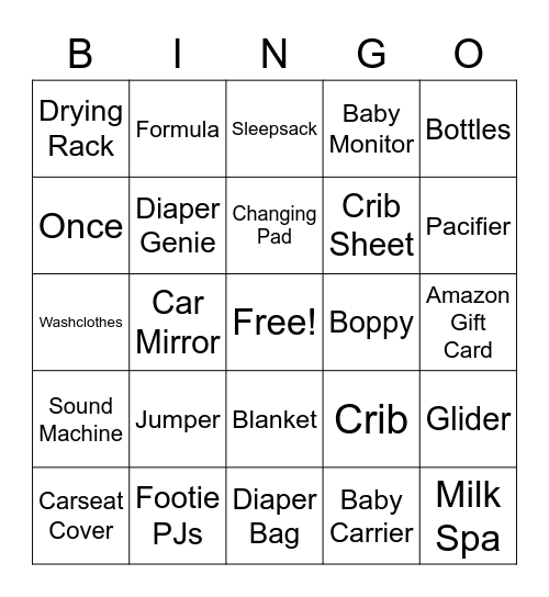 Chel's Baby Shower Bingo Card