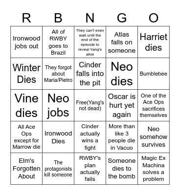 RWBY V8 Finale Bingo Card