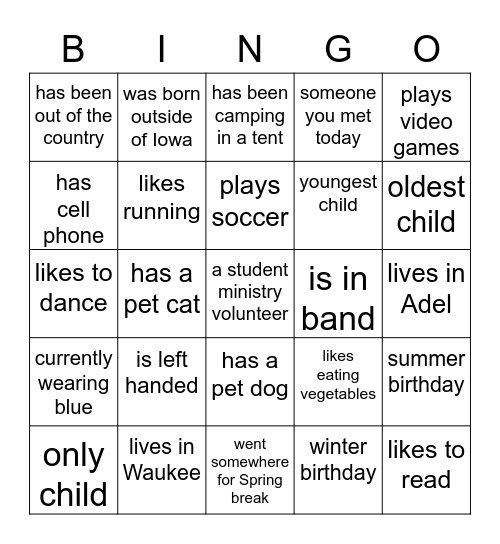 Westwind Students Bingo Card