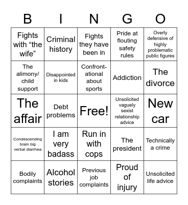 Male Loose Interpersonal Boundary Bingo Card