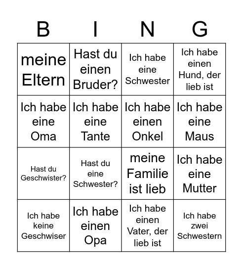 Familie Bingo Card