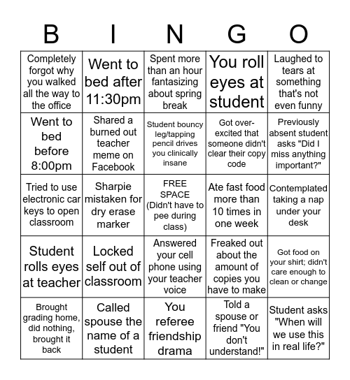 Teacher Bingo Heading Into the Feb-March-April Vortex Bingo Card