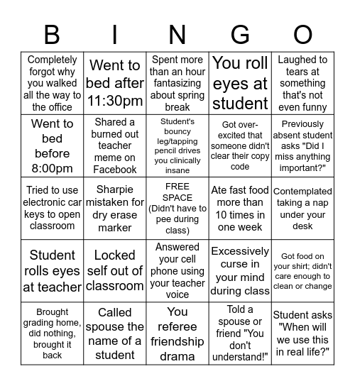 Teacher Bingo Heading Into the Feb-March-April Vortex Bingo Card